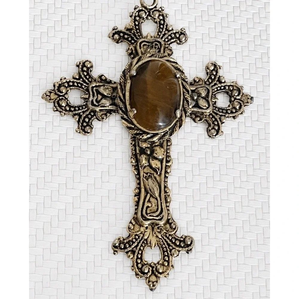 Vintage Ornate Tiger's Eye Cross Pendant Necklace Gold Tone Victorian 24